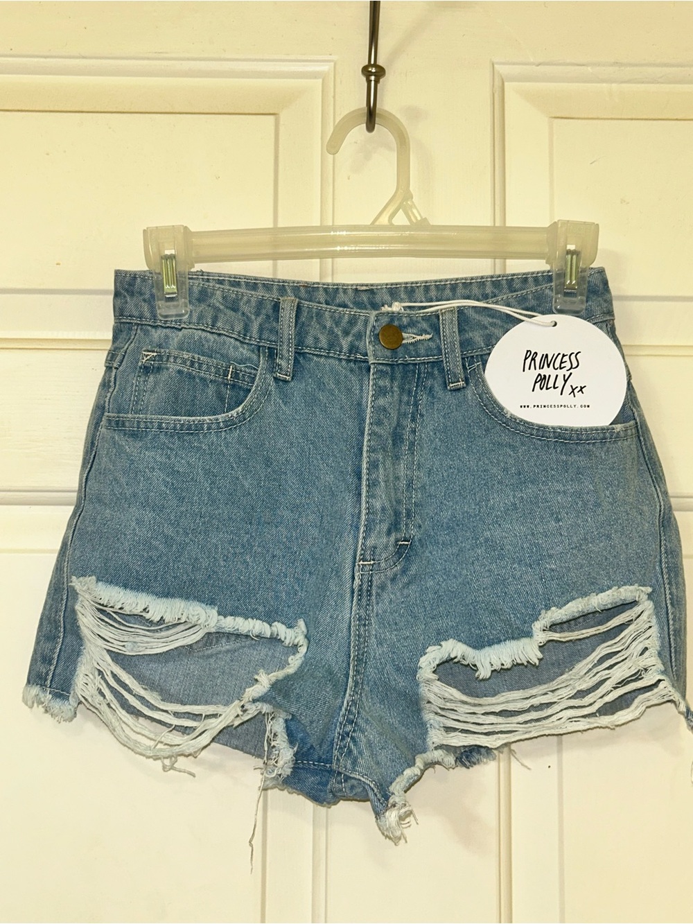 Princess Polly Light Blue High-Rise Distressed Denim Shorts